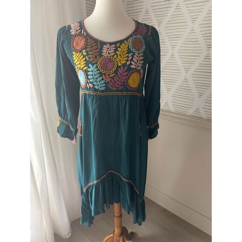 Boutique Women’s Small Embroidered Teal Boho High Low Mini Dress